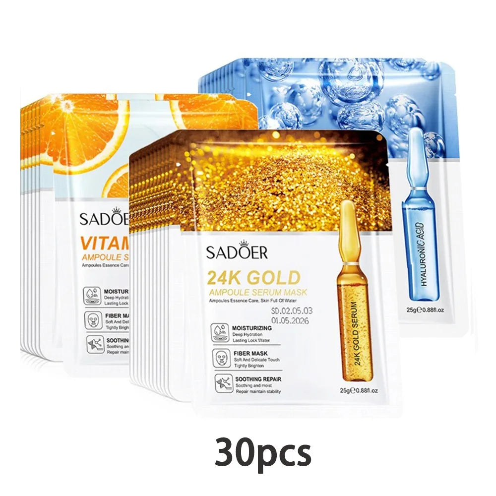 10/20/30pcs 24K Gold Vitamin C Hyaluronic Acid Face Mask Facial Moisturizing Firming Hydrating Facial Masks Skin Care Products